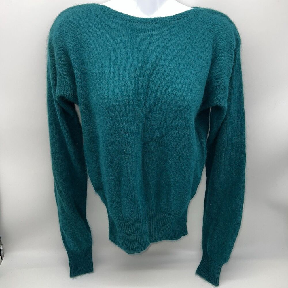 VTG Emerald Green Angora Rabbit Hair/Lambswool Boatneck Long Sleeve Sweater-Sz M